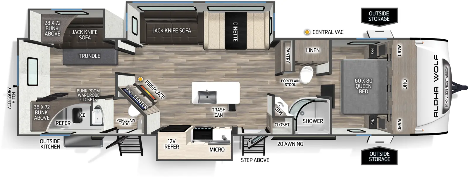 The Alpha Wolf 33BH floorplan has two entries and three slide outs. Exterior features include: fiberglass exterior, 20' awning and outside kitchen. Interiors features include: bunk beds, kitchen island, front bedroom, pass through bathroom and bathroom and a half.